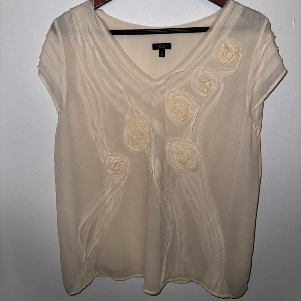 Talbots Cream Blouse with Rosette Details